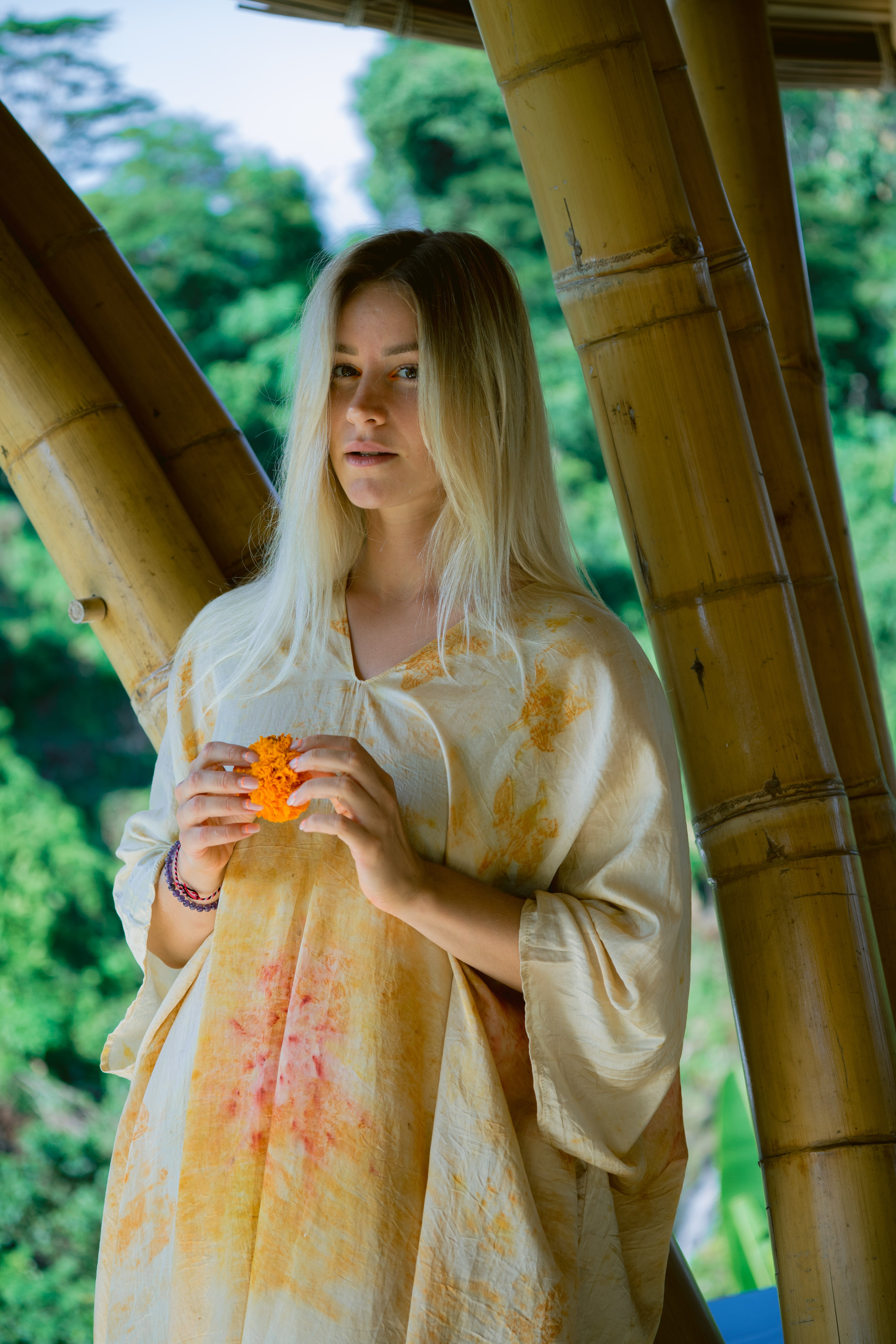 The Parvati – Red & Yellow Cotton Silk Eco Print Dress